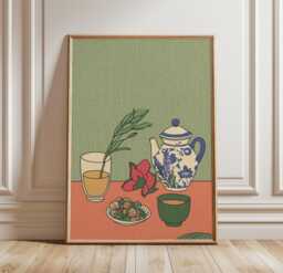 Tea Still Life Poster, Botanical Kitchen Wall Art, Scandinavian Folk Art Print, Minimalist Ceramic Illustration Decor - thumbnail 1