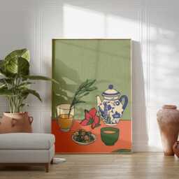 Tea Still Life Poster, Botanical Kitchen Wall Art, Scandinavian Folk Art Print, Minimalist Ceramic Illustration Decor - thumbnail 4