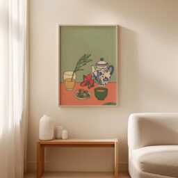 Tea Still Life Poster, Botanical Kitchen Wall Art, Scandinavian Folk Art Print, Minimalist Ceramic Illustration Decor - thumbnail 3