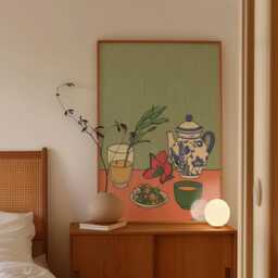 Tea Still Life Poster, Botanical Kitchen Wall Art, Scandinavian Folk Art Print, Minimalist Ceramic Illustration Decor - thumbnail 2