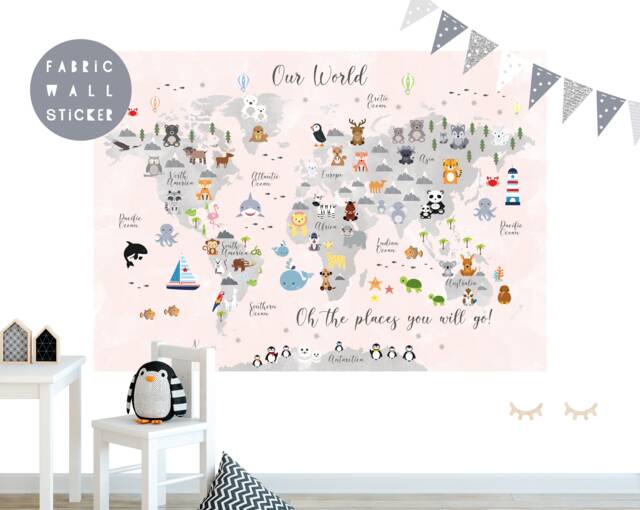 Animal World Map Fabric Wall Sticker Nursery Art - image 1