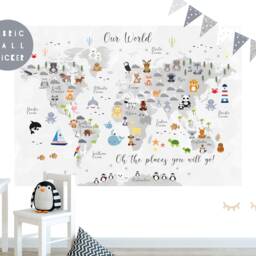 Animal World Map Fabric Wall Sticker Nursery Art - thumbnail 2