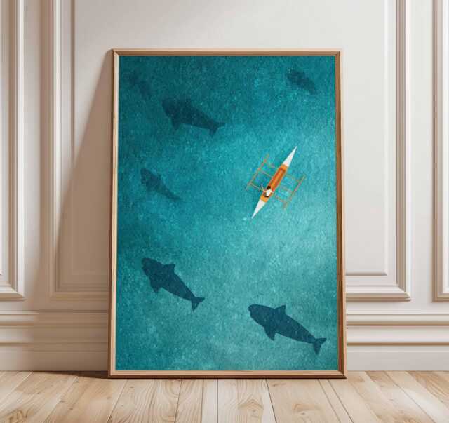 Ocean Wall Art, Whale Shark Poster, Kayak Adventure Print, Tropical Sea Illustration, Coastal Beach Decor, Nautical Artwork, Gift - image 1