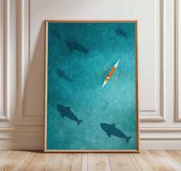 Ocean Wall Art, Whale Shark Poster, Kayak Adventure Print, Tropical Sea Illustration, Coastal Beach Decor, Nautical Artwork, Gift - thumbnail 1