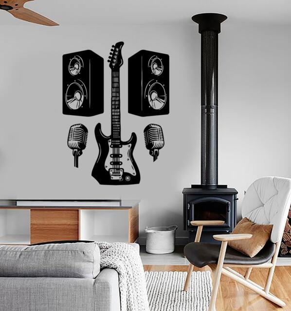 Wall Vinyl Music Rock Guitar Microphone Guaranteed Quality Decal Mural Art 1528Dz - image 1