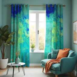 Aqua Teal Watercolor Curtains, Blue Green Abstract Print Drapes, Custom Size Window Treatment Panels For Contemporary Interiors