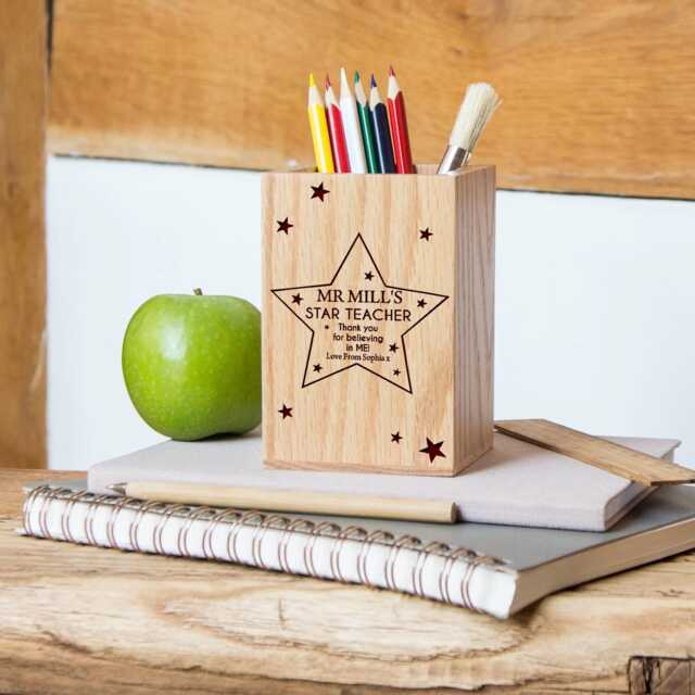 Personalised Teacher Oak Pencil Pot - Stars - image 1
