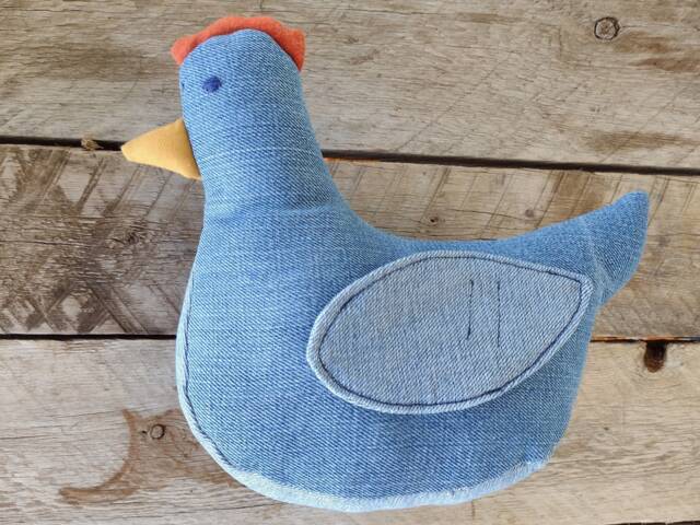 Farmhouse Decor, Upcycled Denim Chicken, Country Decoration, Small Plushie, Pockets - image 1