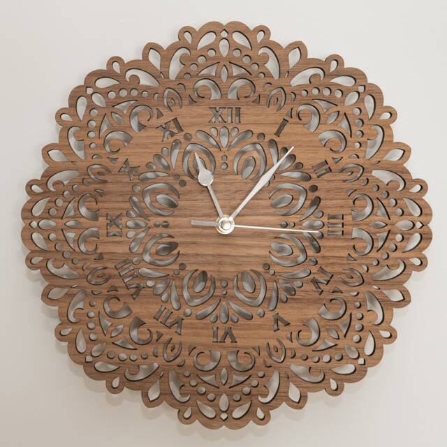 Handmade Wooden Silent Flower Mandala Wall Clock Up To 90cm in Oak, Cherry Or Walnut - Silver Gold Hands - image 1