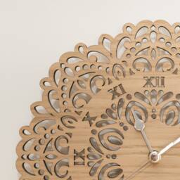 Handmade Wooden Silent Flower Mandala Wall Clock Up To 90cm in Oak, Cherry Or Walnut - Silver Gold Hands - thumbnail 4