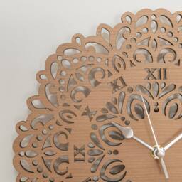 Handmade Wooden Silent Flower Mandala Wall Clock Up To 90cm in Oak, Cherry Or Walnut - Silver Gold Hands - thumbnail 2