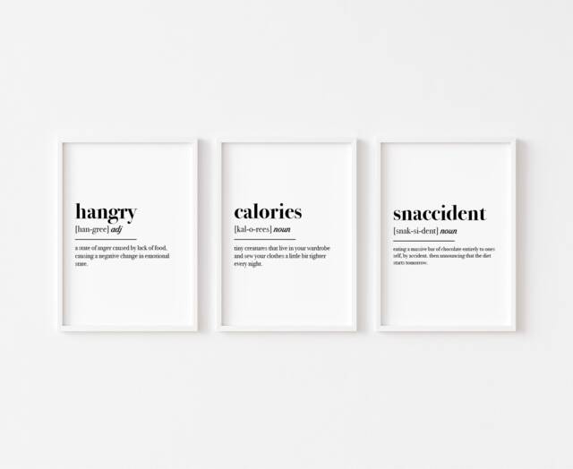 Kitchen Prints Set Of 3 - Definition Print Hangry Calories Snaccident Wall Art Decor Food