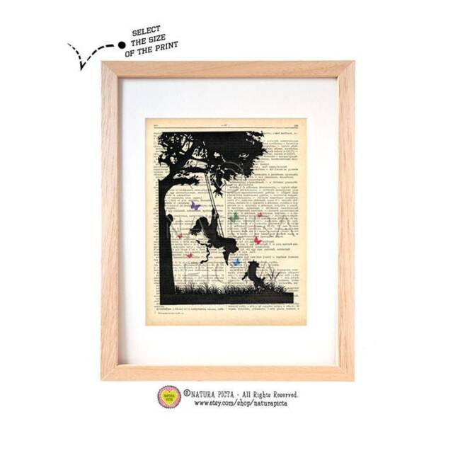 Girl On Swing Dictionary Art Print Dog & Butterflies Kids Decor - image 1