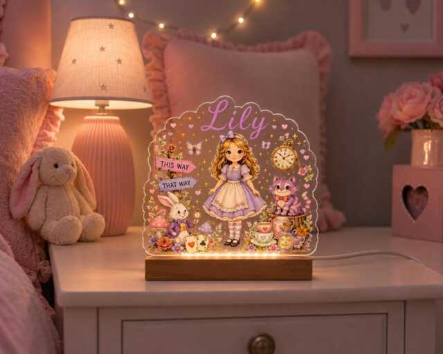 Personalised Storybook Night Light - Custom Name Led Acrylic Lamp Whimsical Tea Party Nursery Decor - image 1