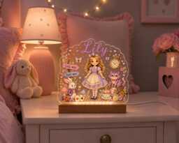 Personalised Storybook Night Light - Custom Name Led Acrylic Lamp Whimsical Tea Party Nursery Decor