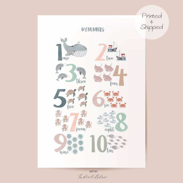 Numbers Print, Under The Ocean Nautical Nursery Educational Scandi Decor, Playroom Prints, Kids Wall Art - image 1