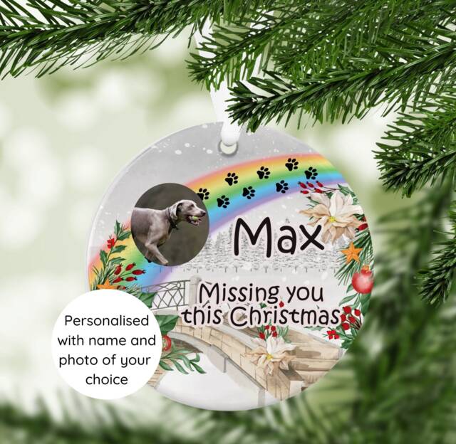 Personalised Pet Loss Bauble, Over The Rainbow Bridge Photo Christmas Tree Bauble - image 1