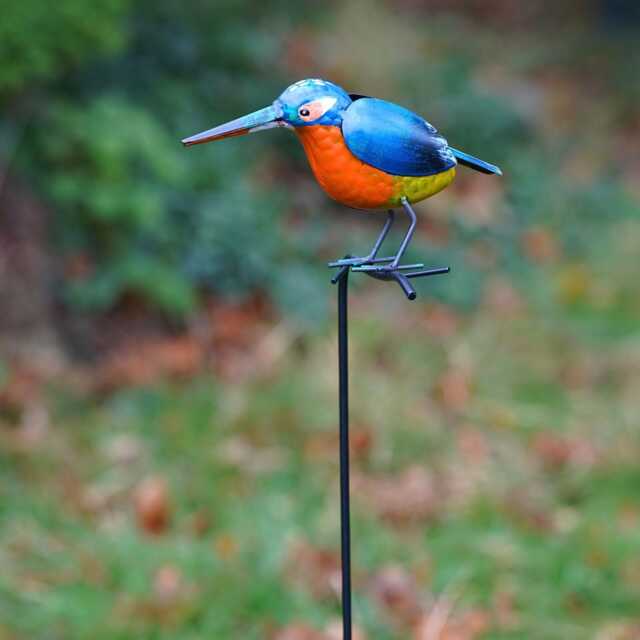 Kingfisher On Stick Metal Garden Ornament Stake Robin Birds Statue Tin Decoration - British Bird Watcher Gardening Large Gift - image 1