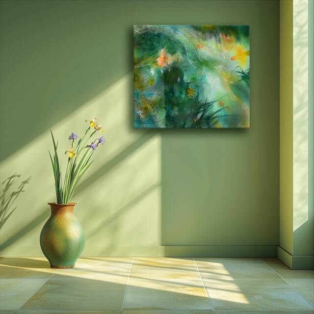 Gold Phoenix in A Green Landscape, Print On Canvas, Awe Art, Beautiful Relaxing Painting, Psychology, Wall Decor, Woodland, Bohemian - image 1