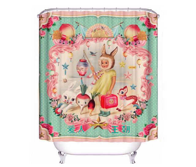 Vintage Bunny Girl Shower Curtain Pop-Surreal Asian Style - image 1
