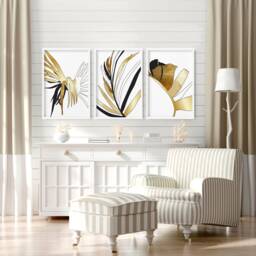 Black & Gold Modern Botanical Set Of 3 Framed Wall Art Prints For Luxury Living Room Decor, Large Hanging New Home Gift - thumbnail 1