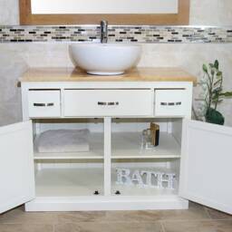 Bathroom Vanity Unit White Painted Cabinet Wash Stand Golden Onyx Top & Ceramic Basin 1161Pgocbc - thumbnail 3