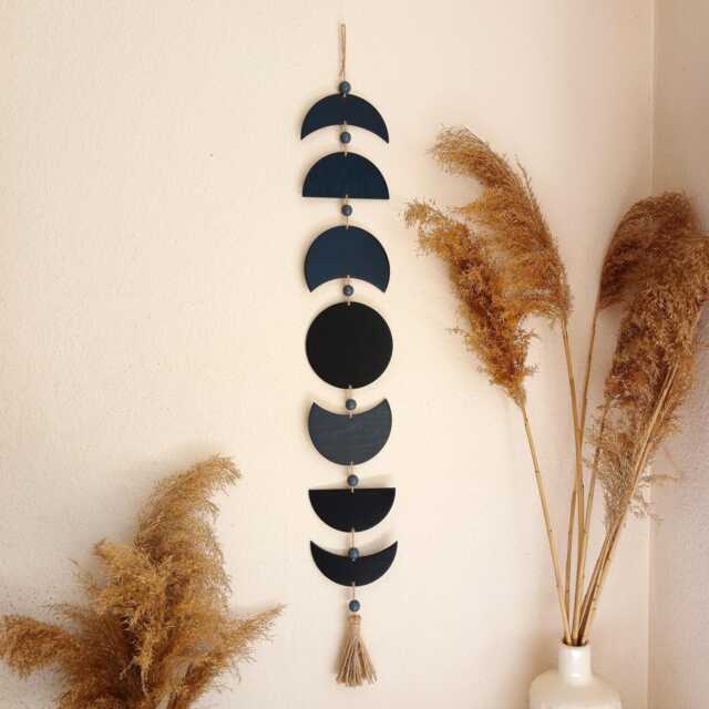 Moon Phase Wall Hanging Black, Celestial Decor Phases Of The Moon, Boho Moon Garland, Home Decor, Bohemian Banner - image 1