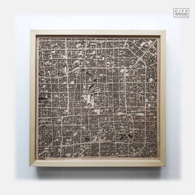 Beijing Wood Map - Laser Cut City Streets, Framed 3D Wall Art - image 1