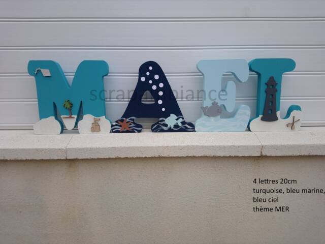 Wooden Letter, First Name, Letter To Put Down, Baby Personalized Sea-Themed Birth Gift
