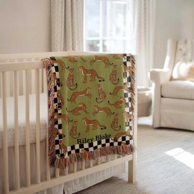 Personalized Cotton Woven Blanket, Playful Cheetahs Green, Baby Name Blanket Shower Gift, Checkered Border, Modern Boho Newborn Nursery - image 1