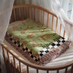 Personalized Cotton Woven Blanket, Playful Cheetahs Green, Baby Name Blanket Shower Gift, Checkered Border, Modern Boho Newborn Nursery - thumbnail 2