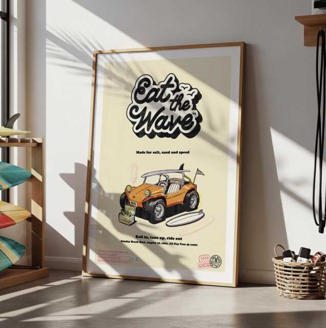 Eat The Wave Dune Buggy Surf Poster, Retro Beach Art, 1960S Car Wall Art - image 1