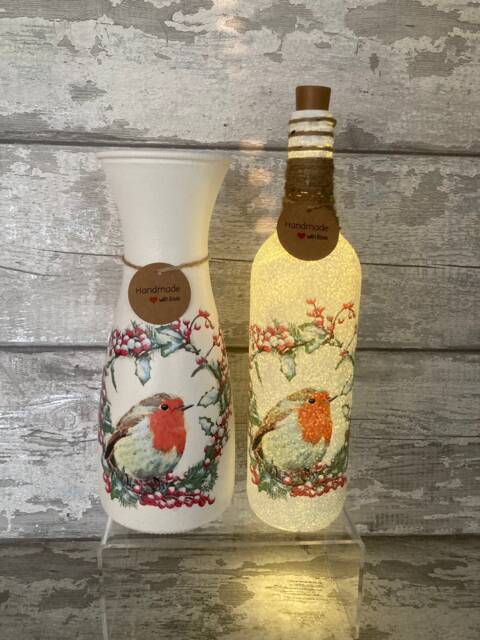 Robin Vase & Light Up Bottle Set, Gifts, Autumn, Xmas Gifts Robins - image 1