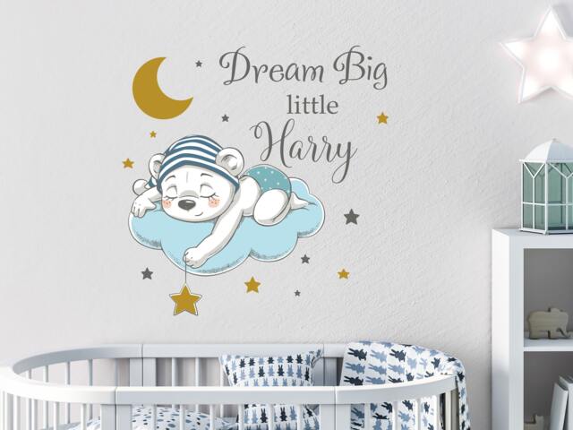 Baby Custom Name Wall Decals - Dream Big Little One Decal Nursery Quote Sticker Kids Room Decor Bear R106 - image 1