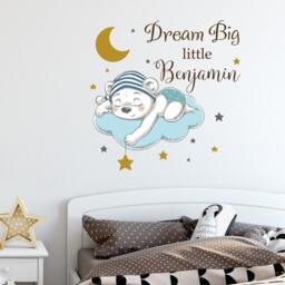 Baby Custom Name Wall Decals - Dream Big Little One Decal Nursery Quote Sticker Kids Room Decor Bear R106 - thumbnail 2