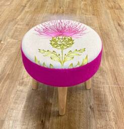 Vibrant Pink Embroidered Thistle & Harris Tweed Footstool With Varnished Wooden Legs - thumbnail 1