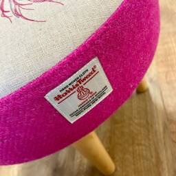 Vibrant Pink Embroidered Thistle & Harris Tweed Footstool With Varnished Wooden Legs - thumbnail 3