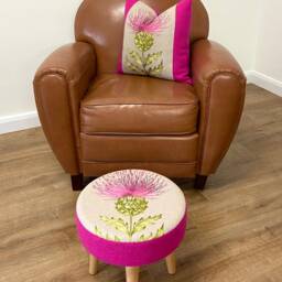 Vibrant Pink Embroidered Thistle & Harris Tweed Footstool With Varnished Wooden Legs - thumbnail 2