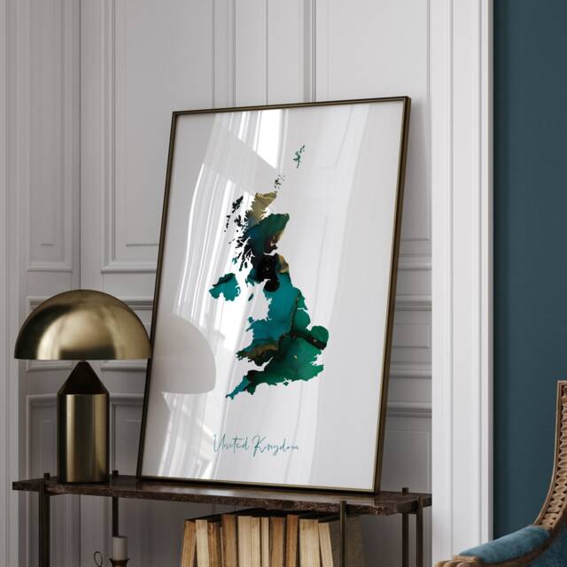 United Kingdom Map Emerald Green & Gold Wall Art Print UK - image 1