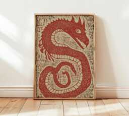 Red Dragon Linocut Print, Mythical Creature Wall Art, Nordic Folk Style Poster, Rustic Medieval Fantasy Decor - thumbnail 1