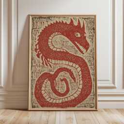 Red Dragon Linocut Print, Mythical Creature Wall Art, Nordic Folk Style Poster, Rustic Medieval Fantasy Decor - thumbnail 2