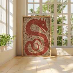 Red Dragon Linocut Print, Mythical Creature Wall Art, Nordic Folk Style Poster, Rustic Medieval Fantasy Decor - thumbnail 4