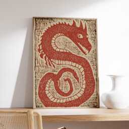 Red Dragon Linocut Print, Mythical Creature Wall Art, Nordic Folk Style Poster, Rustic Medieval Fantasy Decor - thumbnail 3