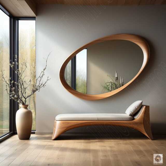Asymmetrical Wooden Wall Mirror With Organic Frame, Handmade For Living Room Decoration - image 1