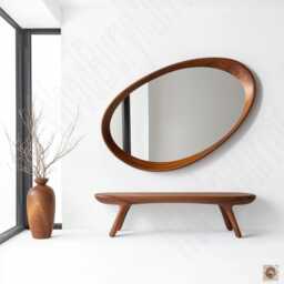 Asymmetrical Wooden Wall Mirror With Organic Frame, Handmade For Living Room Decoration - thumbnail 3