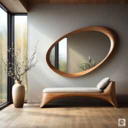 Asymmetrical Wooden Wall Mirror With Organic Frame, Handmade For Living Room Decoration - thumbnail 1