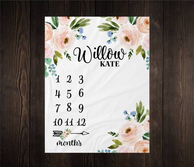 Girl Milestone Blanket Personalized Monthly Growth Tracker Custom Baby Shower Newborn Gift For New Mom Watercolor Floral - image 1