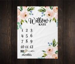 Girl Milestone Blanket Personalized Monthly Growth Tracker Custom Baby Shower Newborn Gift For New Mom Watercolor Floral - thumbnail 1