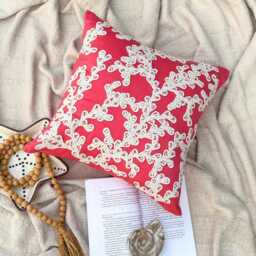 Coral Pink Cotton Linen Beaded & Lace Work, Beach Style Throw Pillow Cover/Euro Sham - Of The - thumbnail 2