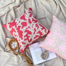 Coral Pink Cotton Linen Beaded & Lace Work, Beach Style Throw Pillow Cover/Euro Sham - Of The - thumbnail 3